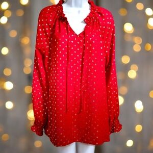 Red Tie V Neck and Long Sleeve Ruffle Gold Star Design Top Size Large